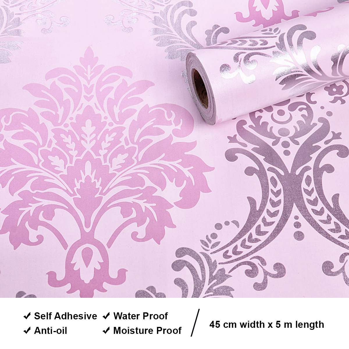 Wolpin Wall Stickers DIY Wallpaper (45 x 500 cm) Pink Damask Large Self  Adhesive Decal Living Room Hall Home Interior Decoration, Pink - WALLPAPER